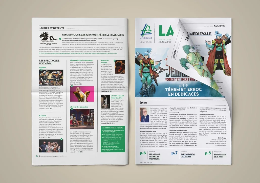 Double page d’un magazine municipal, textes et photographies